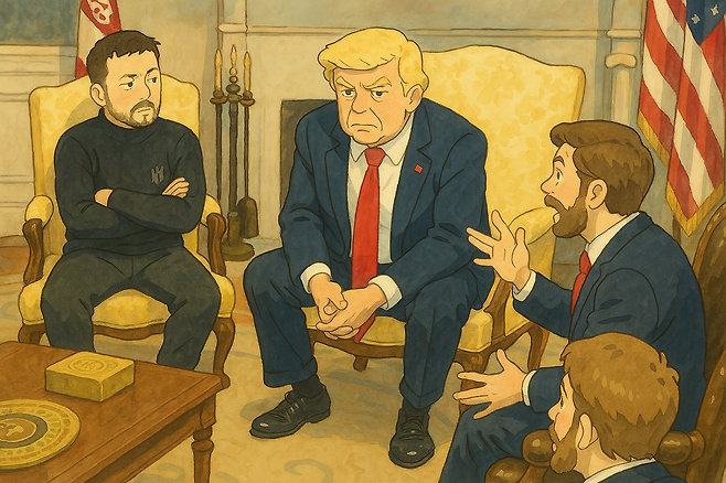 AI를 이용해 2월28일 미국과 우크라이나의 정상회담 사진을 지브리풍으로 구현한 이미지.