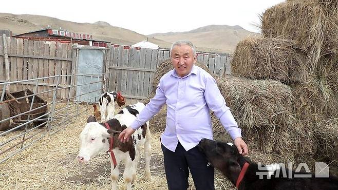 [자르갈란트(몽골)=뉴시스]몽골 자르갈란트에서 한국 비정부기구(NGO) 지구촌나눔운동이 설립한 자르갈란트 밀크 우르문 샤르갈 협동조합의 조합장인 다와자브 뱜브수렝(65) 씨가 지난 15일 취재진에게 자신의 소를 소개하고 있다.  (사진=김수헌PD bi2og@naver.com, 지구촌나눔운동 제공) 2025.04.24.