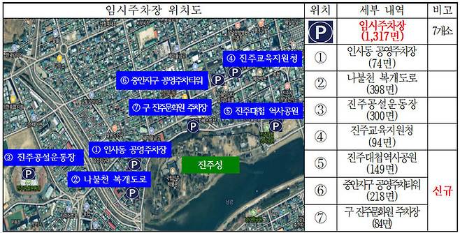 [진주=뉴시스]진주시, '진주논개제' 기간 임시주차장 7개소 위치도.(사진=진주시 제공).2025.04.27.photo@newsis.com *재판매 및 DB 금지