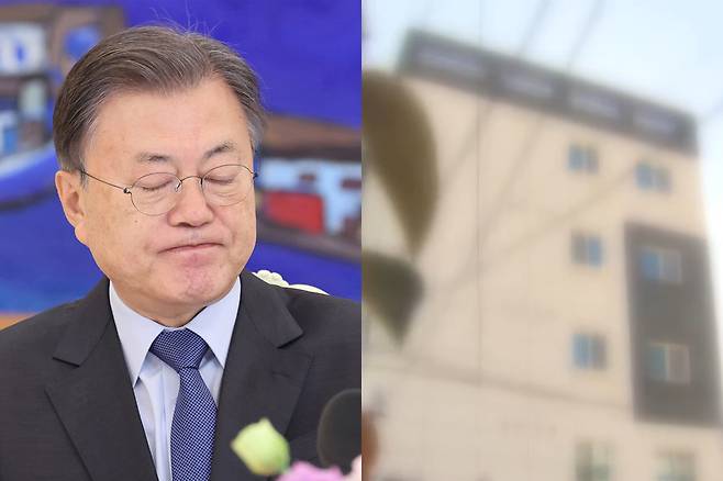 문재인 전 대통령. 오른쪽은 부산에서 발생한 HUG발 전세 사기로 피해를 입은 부산 수영구의 한 빌라. 뉴시스·KBS 보도화면 캡처