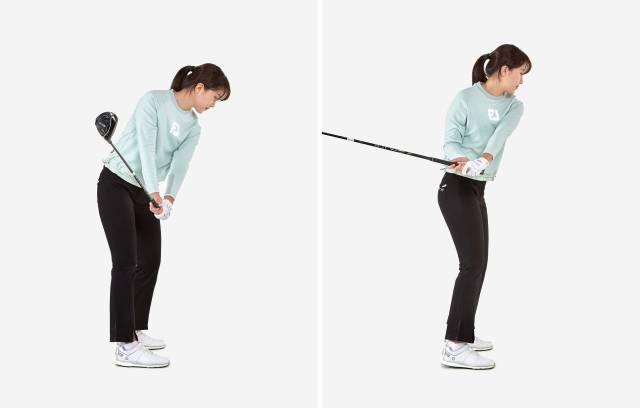 클럽을 수직 방향으로 내려야 한다(왼쪽). 클럽을 몸 뒤로 눕히면 노젓기 동작이 된다.