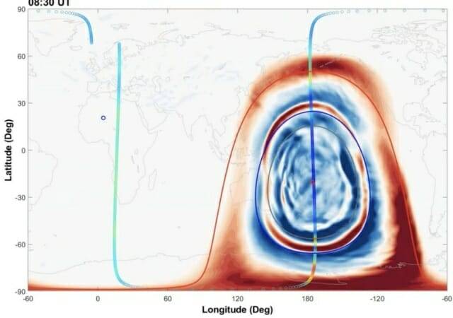 화산 폭발로 인한 2차 중력파를 보여주는 시뮬레이션 (출처=AGU 어드밴시스 Li et al. 2025)