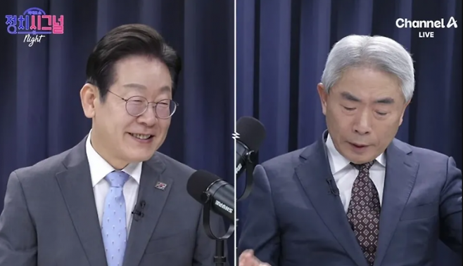 지난달 이재명 더불어민주당 전 대표와 정규재 전 한국경제신문 주필이 채널A 유튜브 채널 ‘정치시그널’에서 대담하는 모습. 유튜브