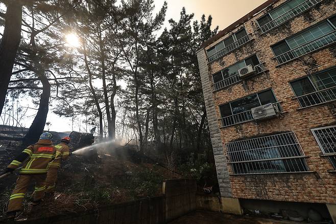 28일 오후 2시 1분께 대구 북구 노곡동 함지산에서 산불이 발생한 가운데 소방관들이 민가 주변으로 번진 산불을 끄고 있다. /연합뉴스