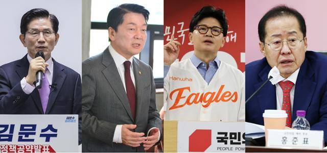 국민의힘 대선 후보 경선에 나선 김문수(왼쪽부터) 전 고용노동부 장관과 안철수 의원, 한동훈 전 대표, 홍준표 전 대구시장이 2차 경선 투표 마지막 날인 28일 지지를 호소하고 있다. 청주=뉴시스·대전=연합뉴스·뉴스1