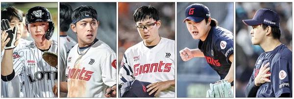 왼쪽부터 전민재(타율 1위), 황성빈(도루 공동 1위), 박세웅(다승 공동 1위), 정철원(홀드 1위), 김원중(세이브 공동 1위).  롯데 자이언츠 제공