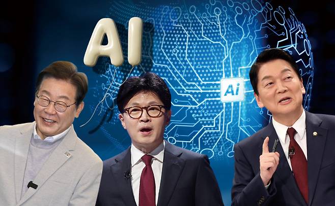 주요 대선 후보들이 앞다퉈  'AI 3대 강국' 도약, 100조원대 투자를 예고하는 AI 정책 공약을 내놓는 가운데 현실성이 부족한 AI 공약에 대한 비판의 목소리가 나온다. /그래픽=김은옥 기자