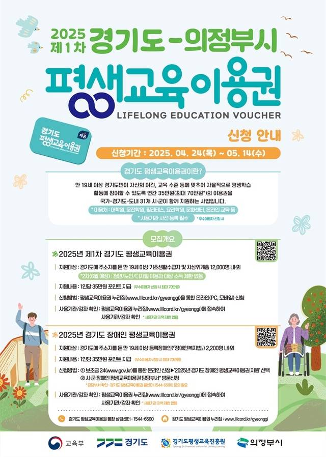 의정부시는 5월 14일까지 ‘2025년 제1차 경기도 평생교육 이용권 지원사업’ 신청을 접수한다. 의정부시 제공