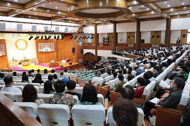 28일 전북 익산 원불교 중앙총부에서 대각개교절 경축기념식이 열리고 있다. [원불교]