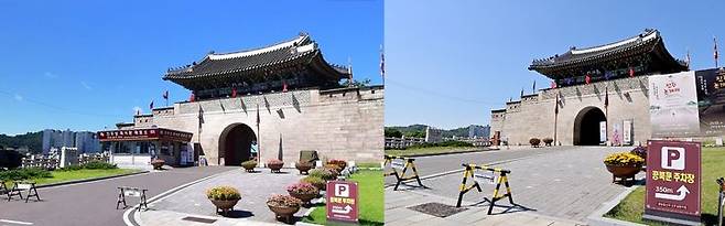 [진주=뉴시스]진주시, 진주성 성벽 가로막던 매표소 철거전과 철거후 모습.(사진=진주시 제공).2025.04.28.photo@newsis.com *재판매 및 DB 금지