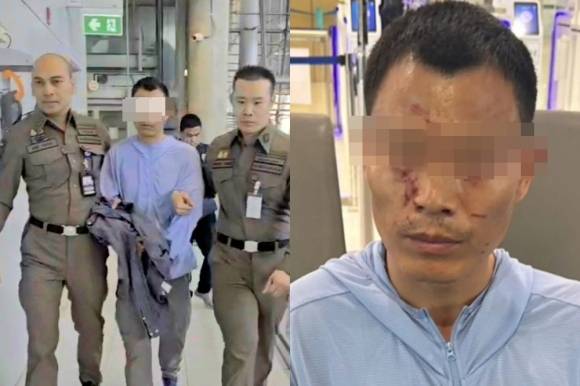 태국 파타야에서 트랜스젠더 여성을 살해하고 시신을 훼손한 혐의로 방콕 수완나품 공항에서 체포된 중국인 남성. 현지 경찰 제공