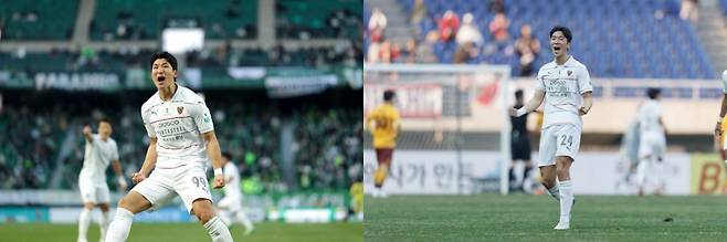 포항 조상혁(왼쪽)과 한현서는 각각 팀의 창과 방패로서 프로 데뷔 시즌부터 승승장구하고 있다. 학창시절 프로 무대 입성에 어려움을 겪어 마음고생이 심했지만, 이젠 포항에서 성공시대를 그려가겠다는 의지다. 사진제공｜한국프로축구연맹