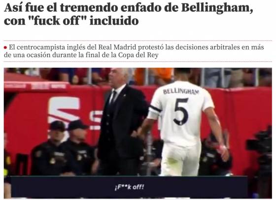 욕설을 내뱉는 주드 벨링엄(5번)의 모습. /사진=문도 데포르티보 갈무리