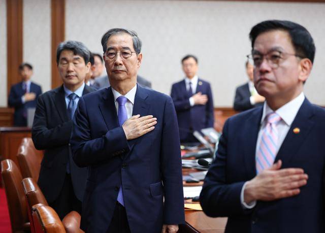 한덕수 대통령 권한대행이 29일 정부서울청사에서 열린 국무회의에서 국기에 경례하고 있다. 뉴시스