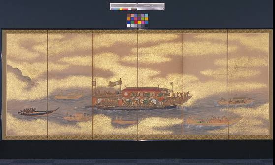 서울역사박물관(서울 종로구)이 한·일 국교 정상화 60주년을 맞아 조선통신사 특별전 ‘마음의 사귐, 여운이 물결처럼’을 6월29일까지 연다. 유네스코 세계기록유산 24건을 포함해 국내외 18개 기관이 소장한 총 111건, 128점의 유물이 선보인다. 사진은 조선통신사어누선도병풍(18세기, 유네스코 세계기록유산, 오사카역사박물관). 사진 서울역사박물관