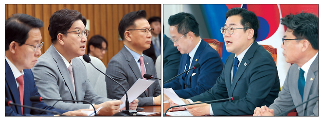권성동(왼쪽 사진) 국민의힘 원내대표와 박찬대 더불어민주당 당대표 직무대행 겸 원내대표가 29일 서울 여의도 국회에서 열린 각당 원내대책회의에서 발언하고 있다.  [연합]