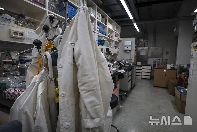 [서울=뉴시스] 정병혁 기자 = 28일 서울시내 의과대학에 의사가운이 걸려있다. 의대생들의 유급 여부를 결정해야 하는 시기가 다가오고 있지만 뚜렷한 복귀 조짐은 아직 보이지 않은 가운데, 정부와 의대생 모두 수업 참여를 묻는 설문조사를 두고 서로 다른 기대와 대응 방법을 내놓으며 맞서고 있다. 2025.04.28. jhope@newsis.com