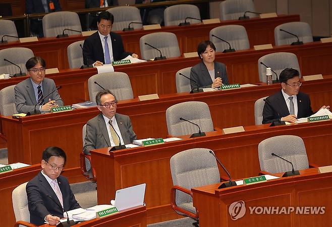 예결위 회의장, 비어 있는 한덕수 총리 자리 (서울=연합뉴스) 류영석 기자 = 29일 국회 예산결산특별위원회 전체회의가 열리는 본청 회의장에 한덕수 대통령 권한대행 국무총리의 자리가 비어 있다. 2025.4.29 ondol@yna.co.kr