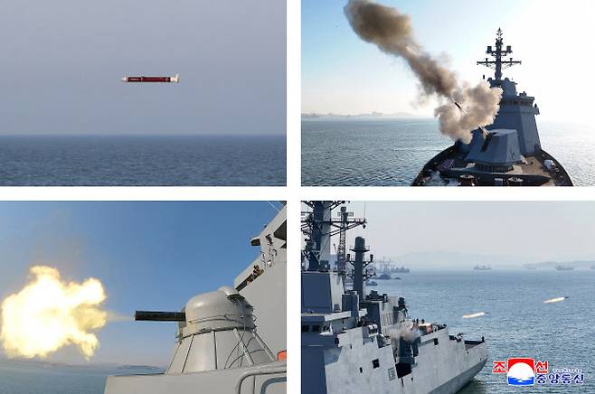 김정은 국무위원장이 신형 ‘다목적구축함’ 최현호(號) 진수 사흘 만에 진행된 첫 무장 시험사격을 참관하고 ‘해군의 핵무장화’에 속도를 내라고 지시했다. 미사일총국, 국방과학원, 탐지전자전총국이 구축함 최현호에 탑재된 무장체계의 성능 및 전투 적용성 시험에 착수했다고 조선중앙통신이 30일 보도했다.[조선중앙통신=연합통신]