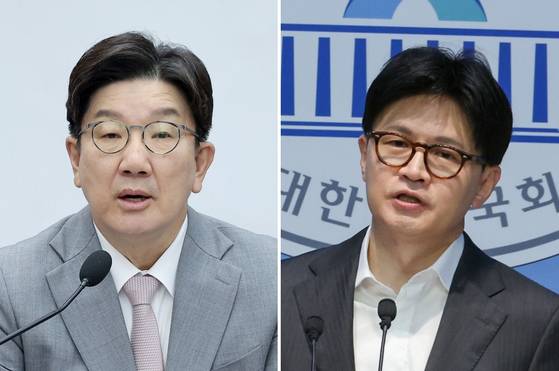 권성동 국민의힘 원내대표(왼쪽), 한동훈 국민의힘 대선 경선 후보. 〈사진=연합뉴스〉