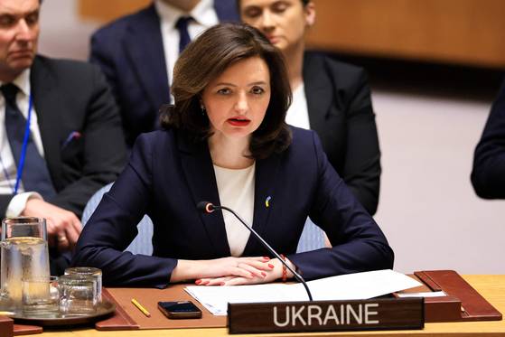 Ukraine's Deputy Foreign Minister Mariana Betsa speaks during a UN Security Council meeting to discuss the situation in Ukraine at UN headquarters in New York on April 29. [AFP/YONHAP]