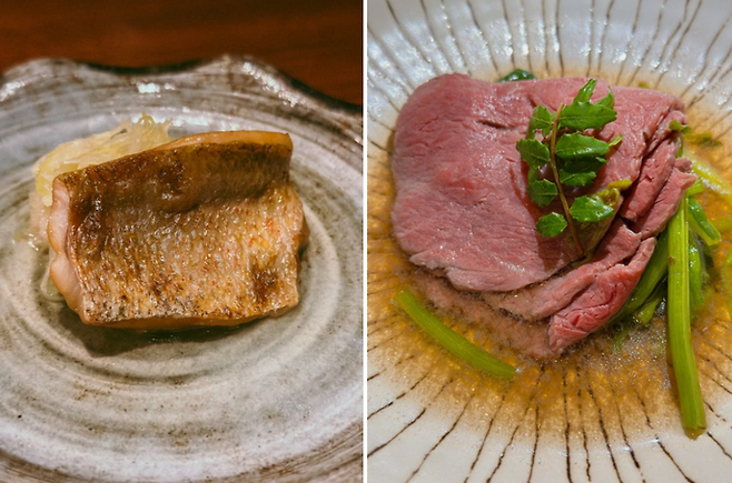 금태구이와 한우 채끝 / 사진=권효정 여행+ 기자