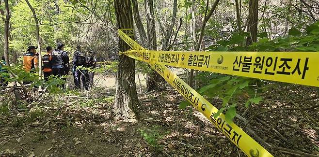 [대구=뉴시스] 정재익 기자 = 30일 대구 북구 노곡동 함지산 일대 최초 산불 발화지점에서 국립산림과학원 등이 합동감식을 진행하고 있다. 2025.04.30. jjikk@newsis.com *재판매 및 DB 금지