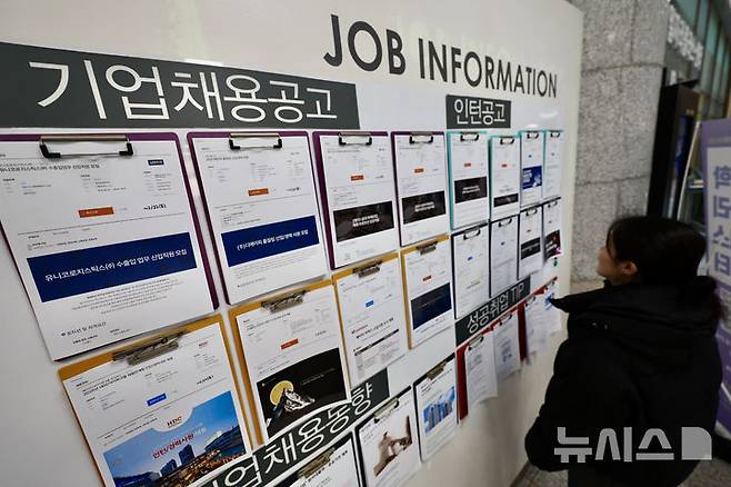 [서울=뉴시스] 김명년 기자 = 46개월 만에 마이너스를 기록했던 취업자 수가 한 달 만에 증가세로 돌아섰지만 청년층의 고용 불안은 지속되는 등 고용 시장의 냉기가 여전히 남아 있는 모습이다. 통계청이 14일 발표한 '2025년 1월 고용동향'에 따르면 지난해 취업자 수는 2787만8000명으로 1년 전보다 13만5000명(0.5%) 늘었다. 다만 올해 1월 15~29세 취업자 수는 360만9000명으로 전년 동월보다 21만 8000명 감소했다. 2021년 1월(-59만7000명) 이후 가장 큰 감소폭이다. 15~29세 취업자 수는 2022년 11월 이후 2년 넘게 마이너스를 기록 중이다. 14일 오후 서울시내 한 대학교 채용게시판에 관련 공고가 게시돼 있다. 2025.02.14. kmn@newsis.com