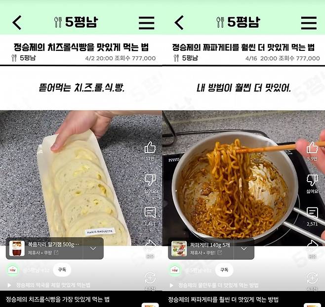 가장 높은 조회수를 기록 중인 치즈롤 식빵 편은 프렌차이즈 식빵에 ‘약간의 킥’(KICK)을 가미한 정승제만의 요리법이다. 사진제공|5평남 YouTube Channel