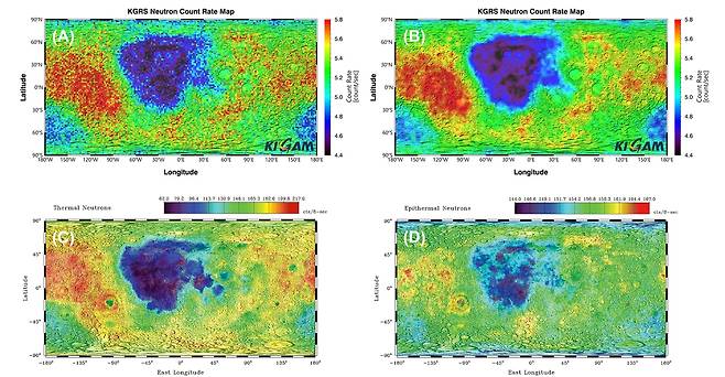 지질연 중성자 지도(A,B)와 루나 프로스펙터의 열중성자지도(C)·열외중성자지도(D) [한국지질자원연구원 제공. 재판매 및 DB 금지]
