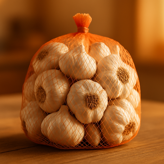 마늘망에 들어있는 마늘 무더기