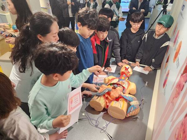 1일 의정부공유학교 올래캠퍼스에서 열린 보건교육 프로그램 '건강 레벨업'에서 학생들이 신체 기관의 다양한 기능을 배우고 모형물을 직접 만져 보고 있다.