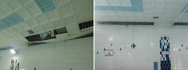 서구 관저동에 위치한 관저다목적체육관의 수영장 천장 타일이 부서져 떨어진 모습(좌), 그물망과 타일로 임시 조치를 해놓은 모습(우)./사진=독자제공