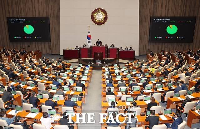 1일 서울 여의도 국회에서 열린 제424회 국회(임시회) 제7차 본회의에서 2025년도 제1회 추가경정예산안이 통과되고 있다. /뉴시스