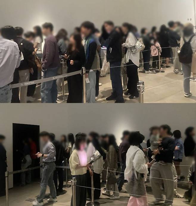'론 뮤익' 전시를 보기 위해 서울 종로구 국립현대미술관 서울관을 찾은 관람객들. 사진 촬영을 위해 길게 줄을 서 있다. 서지영 기자