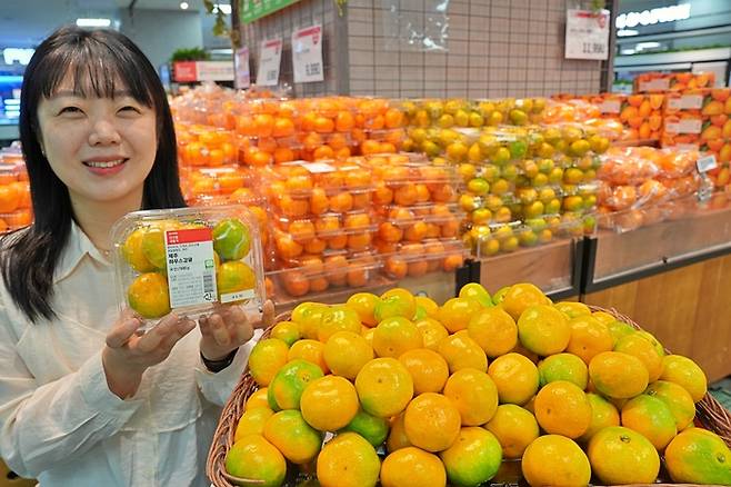 롯데마트 제타플렉스 잠실점 과일 코너에서 하우스 감귤을홍보하는 김다현 MD