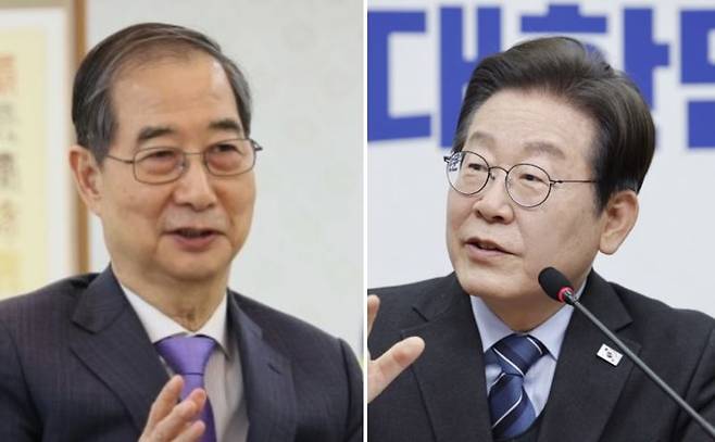 한덕수 대통령 권한대행 국무총리(왼쪽), 더불어민주당 이재명 대선 경선 후보. 사진=뉴시스, 뉴스1