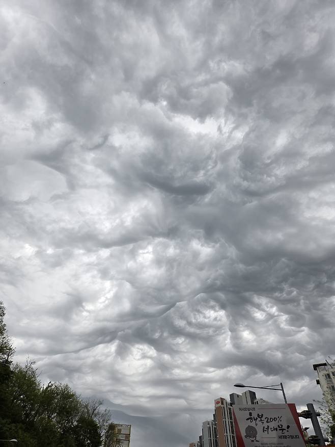 출근 중이던 기자가 찍은 구름 사진. 오전 8시 10분 서울 서대문구