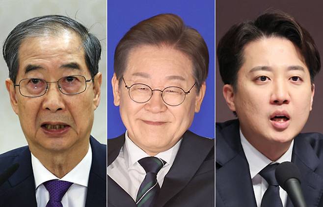 (왼쪽부터)한덕수 대통령권한대행 국무총리, 이재명 더불어민주당 대선 예비 후보, 이준석 개혁신당 대선 예비 후보. 연합뉴스
