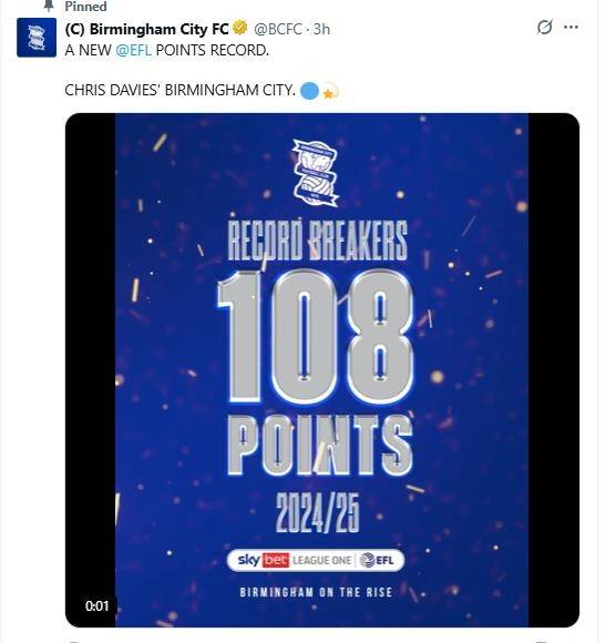 잉글랜드 프로축구 한 시즌 최다 승점 신기록 수립 소식을 전한 버밍엄. [버밍엄 시티 구단 SNS. 재판매 및 DB 금지]