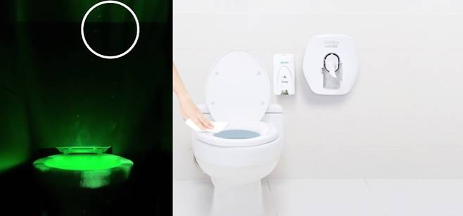 유한킴벌리의 변기 물 내림 시 비말 확산 실험 모습. (유한킴벌림 제공)
