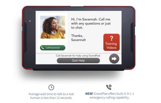 상담원 연결과 긴급전화가 가능한 태블릿. Grandpad 홈페이지