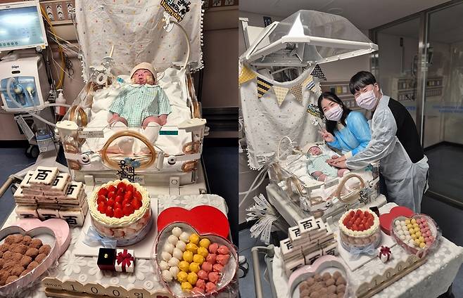 지난 2월 경기도 성남시 분당서울대병원 중환자실에 입원해 있는 윤솔(0)군의 백일을 기념한 모습. 오른쪽은 안지은씨와 남편 윤석현씨가 아기 윤 군과 함께 사진을 찍은 모습. 안지은씨 인스타그램 캡처