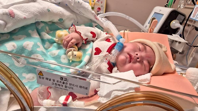 지난달 28일 경기도 성남시 분당서울대병원 중환자실에 입원해 있는 윤솔(0)군의 모습. 안지은씨 제공