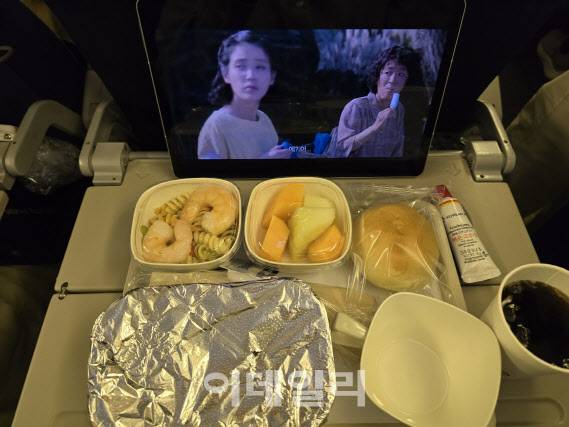 대한항공 이코노미석 테이블 트레이에도 태블릿을 놓고 충분히 사용할 수 있다(사진=윤정훈 기자)