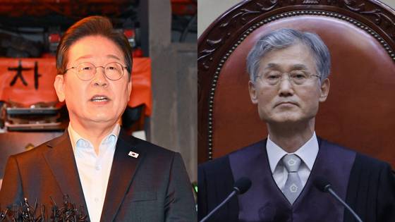 어제(1일) 이재명 더불어민주당 후보의 '공직선거법' 사건 선고 중인 조희대 대법원장(오른쪽)과 대법원 선고와 관련해 입장을 밝히고 있는 이 후보(왼쪽). (사진=연합뉴스)