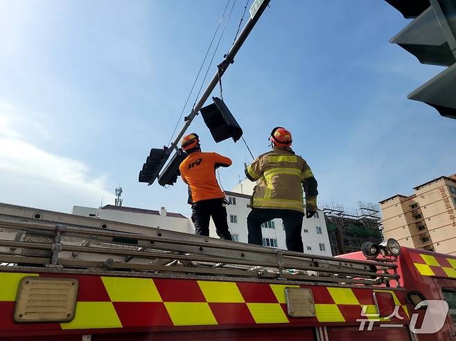 3일 오전 9시30분쯤 제주시 애월읍의 한 도로에서 신호등 와이어가 강풍에 늘어져 신고를 받고 출동한 소방대원들이 안전조치를 하고 있다.(제주도소방안전본부 제공, 재판매 및 DB 금지)