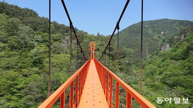 강천산 신록의 터널을 벗어나는 방법은 구름다리를 건너는 것이다. 시야가 트인다.