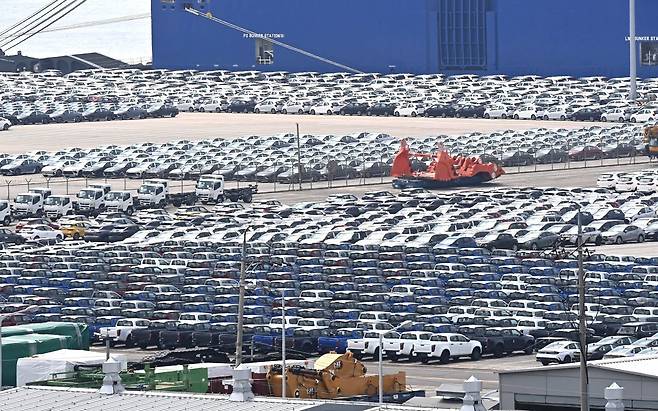 경기 평택항 자동차 전용부두에 선적을 기다리는 수출용 차량들. 뉴시스