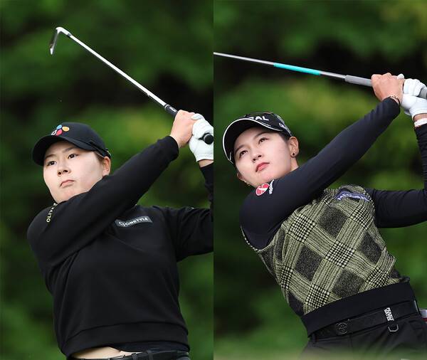 한국여자프로골프(KLPGA) 투어 2025시즌 첫 메이저 대회인 크리스에프앤씨 제47회 KLPGA 챔피언십 우승 경쟁에 뛰어든 홍정민, 박현경 프로가 3라운드에서 경기하는 모습이다. 사진제공=KLPGA